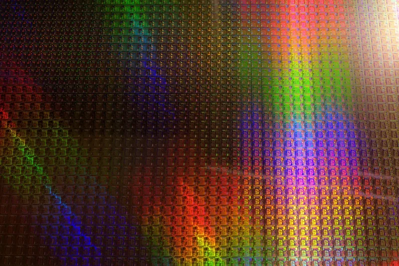 Detalle de una oblea de silicio con circuitos y reflejos de colores