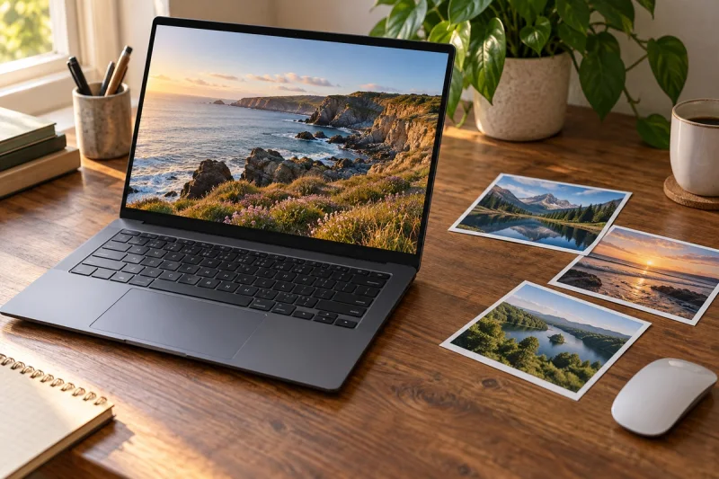 Portátil con una fotografía costera en pantalla y varias fotos impresas sobre una mesa